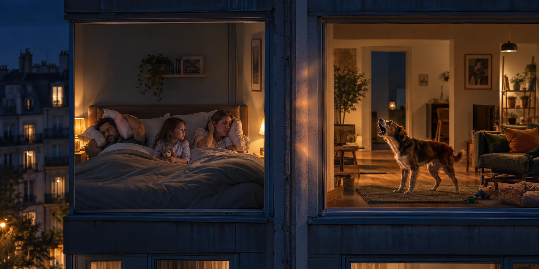 Two apartments at night: a family tries to sleep while a dog barks on the other side of the wall