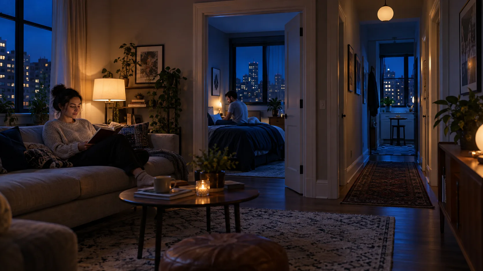 Warmly lit house with several rooms visible at night