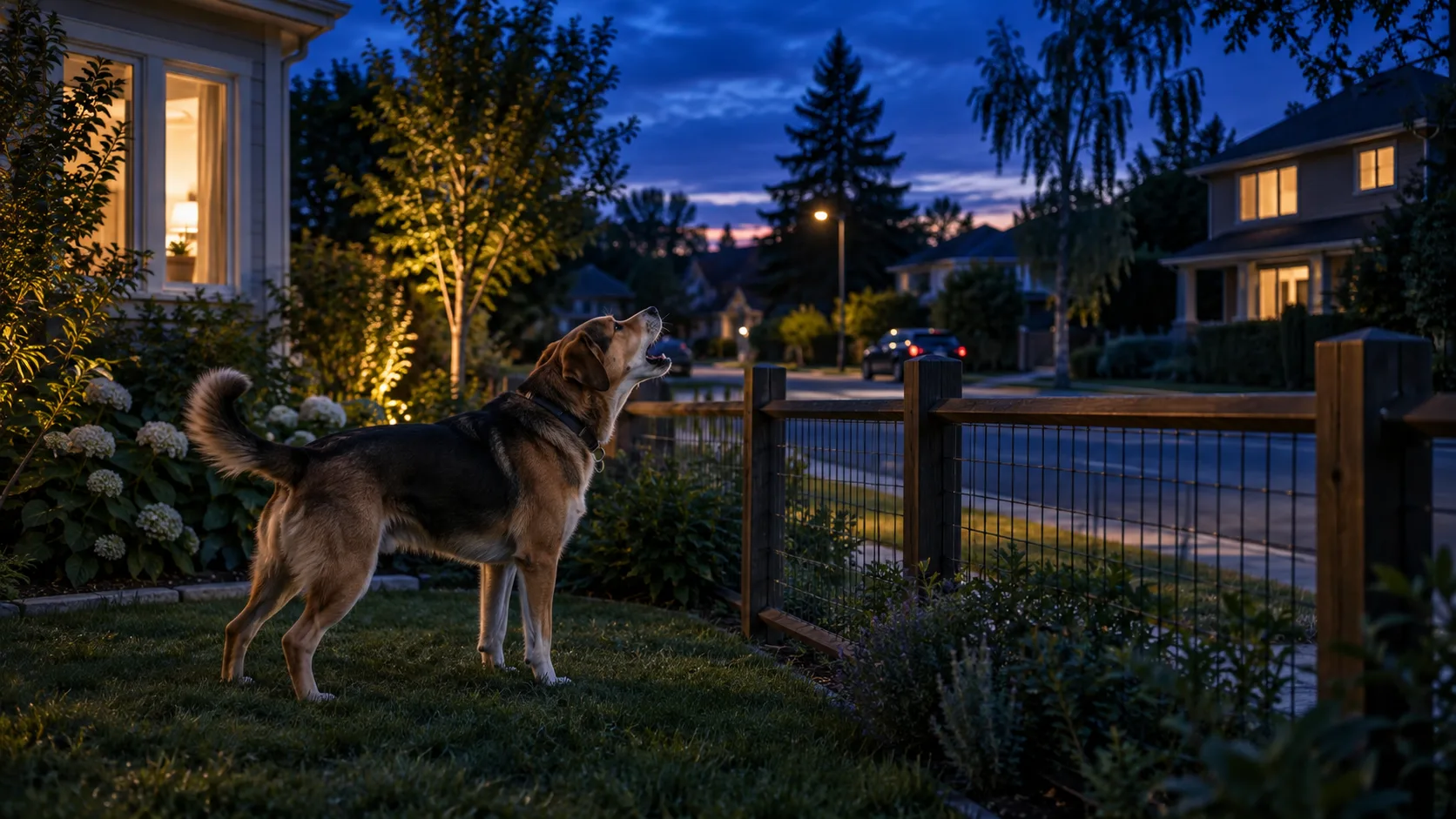 Dog on a warmly lit terrace at dusk