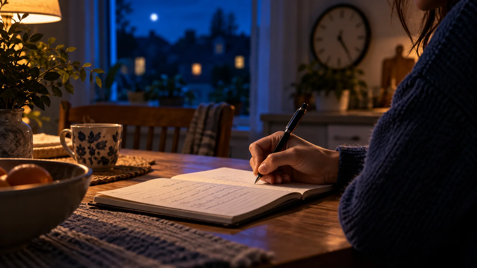 Open notebook and phone on a table by a night-time window