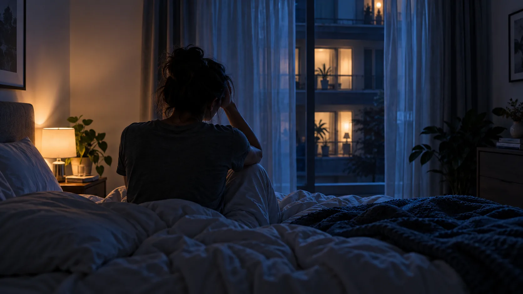 Lit apartment windows at night