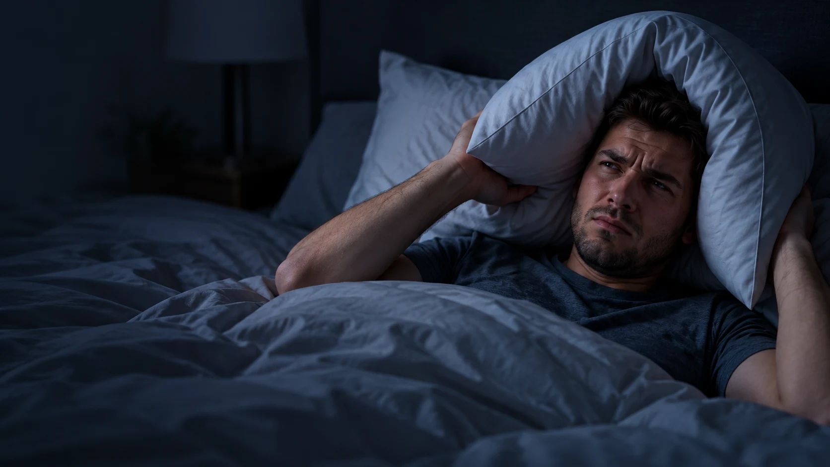 Un homme gêné par le bruit, un oreiller sur les oreilles